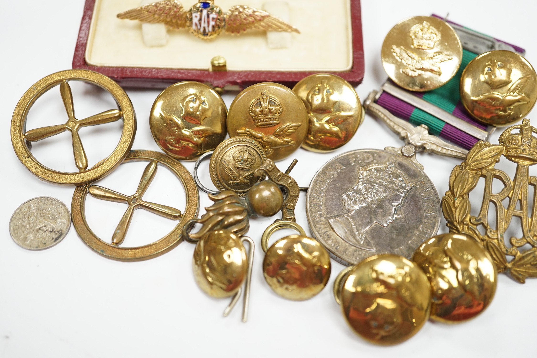 A 9ct. enamelled RAF Sweetheart brooch, an Elizabeth II General Service medal with Malaya bar to Cpl. A.J.L. Fuller R.A.F., a number of buttons and related sundries